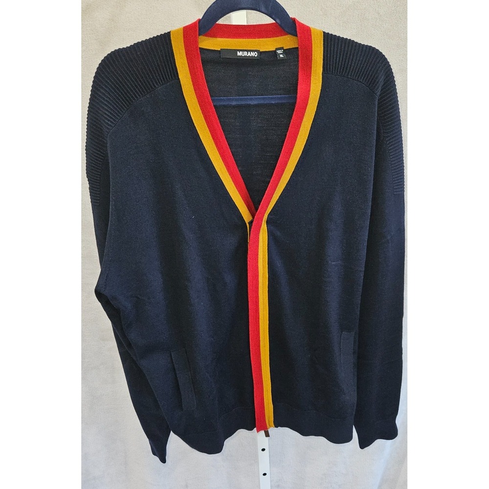Murano Men's XL Navy Blue Full Zip Cardigan Sweater Red Yellow Stripe Trim Knit